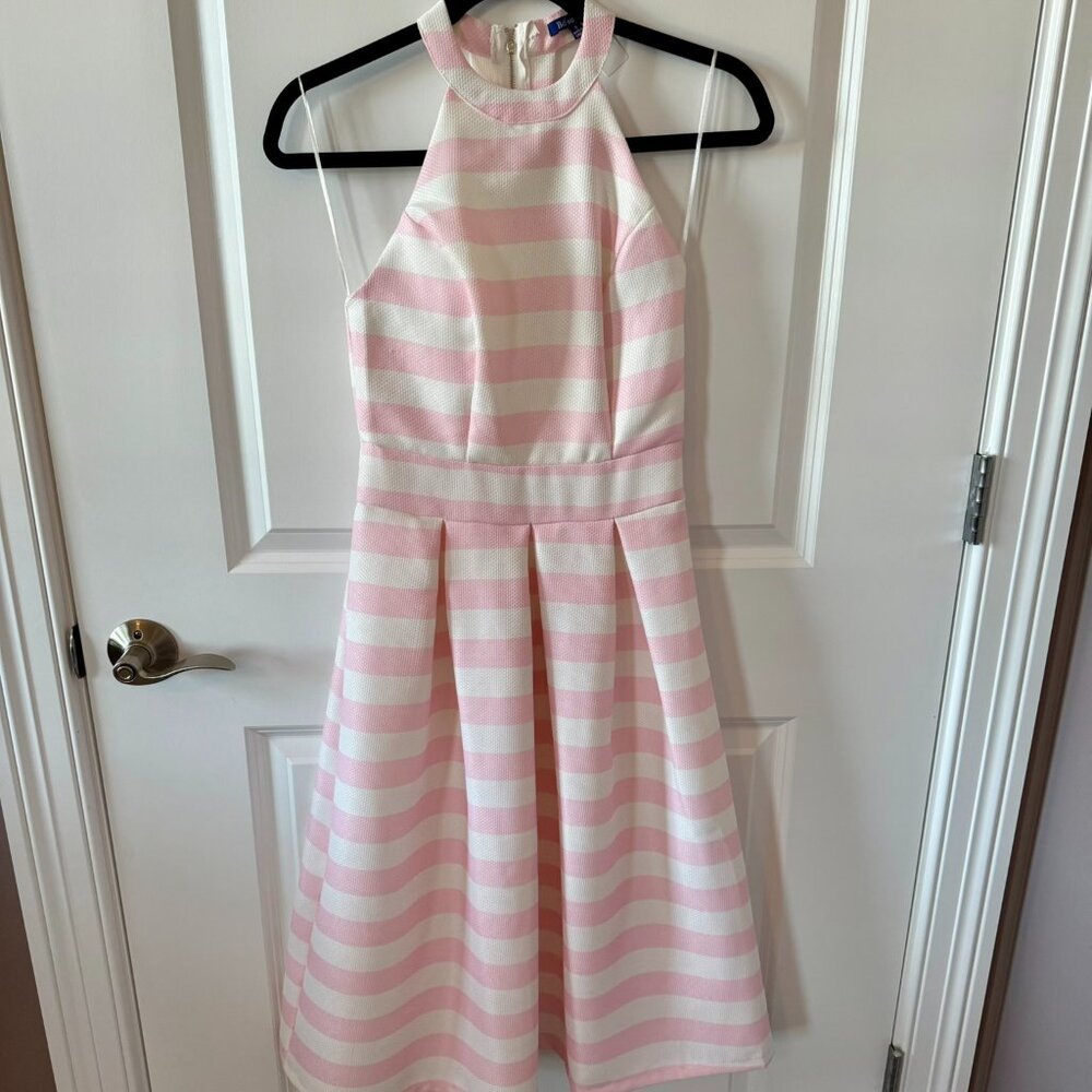 Pink & white striped halter-style dress with flared skirt & sexy zipper back